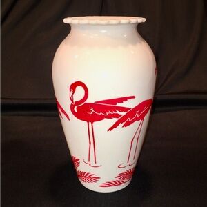 VINTAGE ANCHOR HOCKING RED FLAMINGO WHITE VITROCK HOOVER VASE RETRO ART DECO